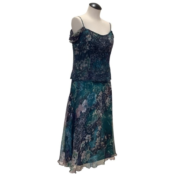 MONTAGE by‎ MON CHERI Floral Silk Beaded Tea Length Dress - Size 12 - Picture 6 of 16